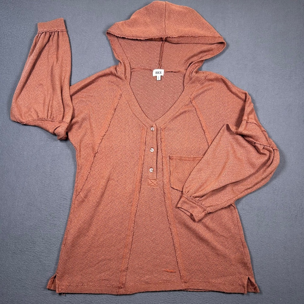 BKE Hoodie Women S Rust Orange Henley Waffle Knit Raw Edge Boho Pullover